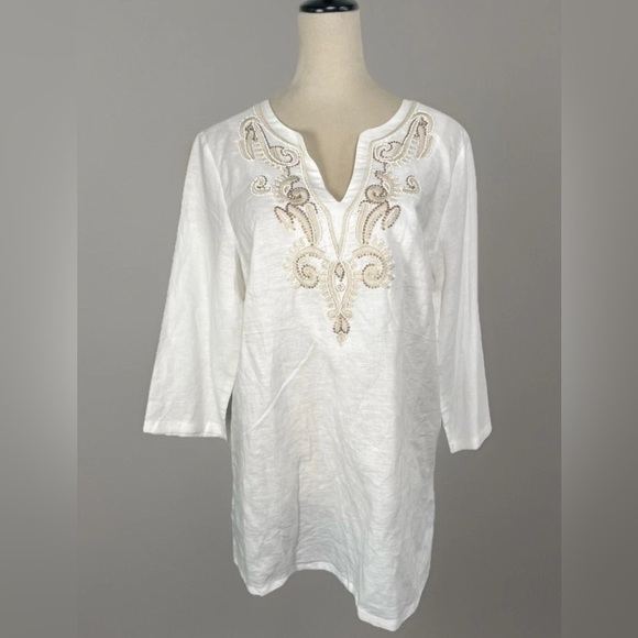 Saint Tropez Linen Top Tunic Size L White 3/4 sleeve Embroidery - Picture 2 of 8